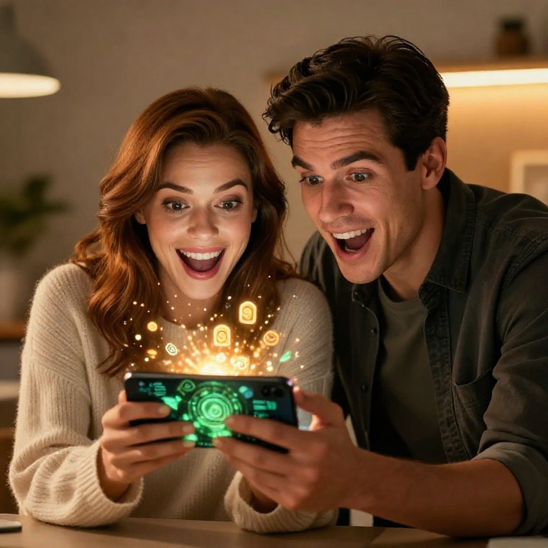 Молодая пара с восторженными лицами рассматривает бонусные предложения на смартфоне в современной обстановке