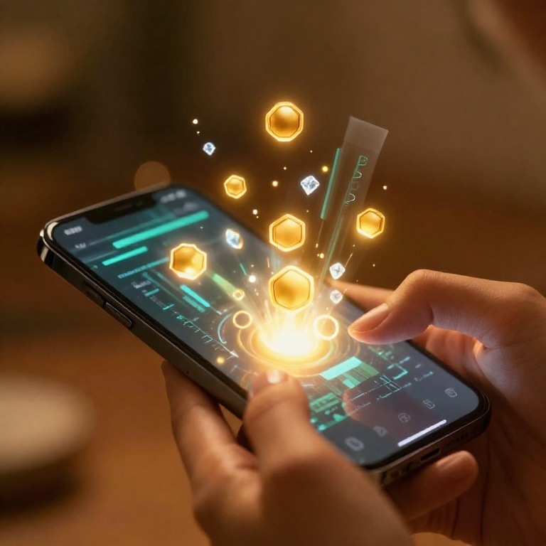 Руки со смартфоном, на экране которого светится абстрактный интерфейс бонусов и промокодов